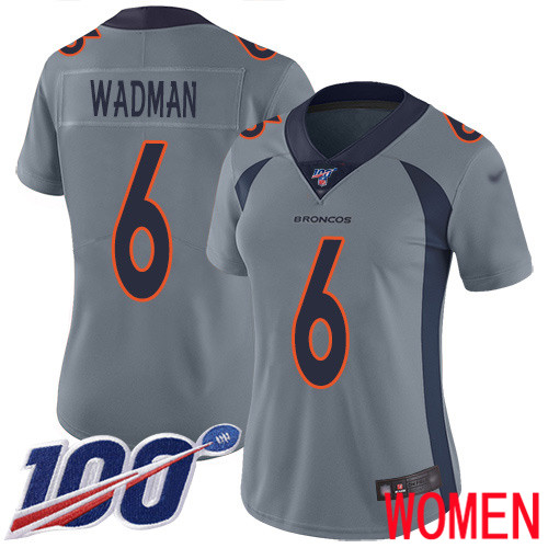 Women Denver Broncos #6 Colby Wadman Limited Silver Inverted Legend 100th Season Football NFL Jersey->women nfl jersey->Women Jersey